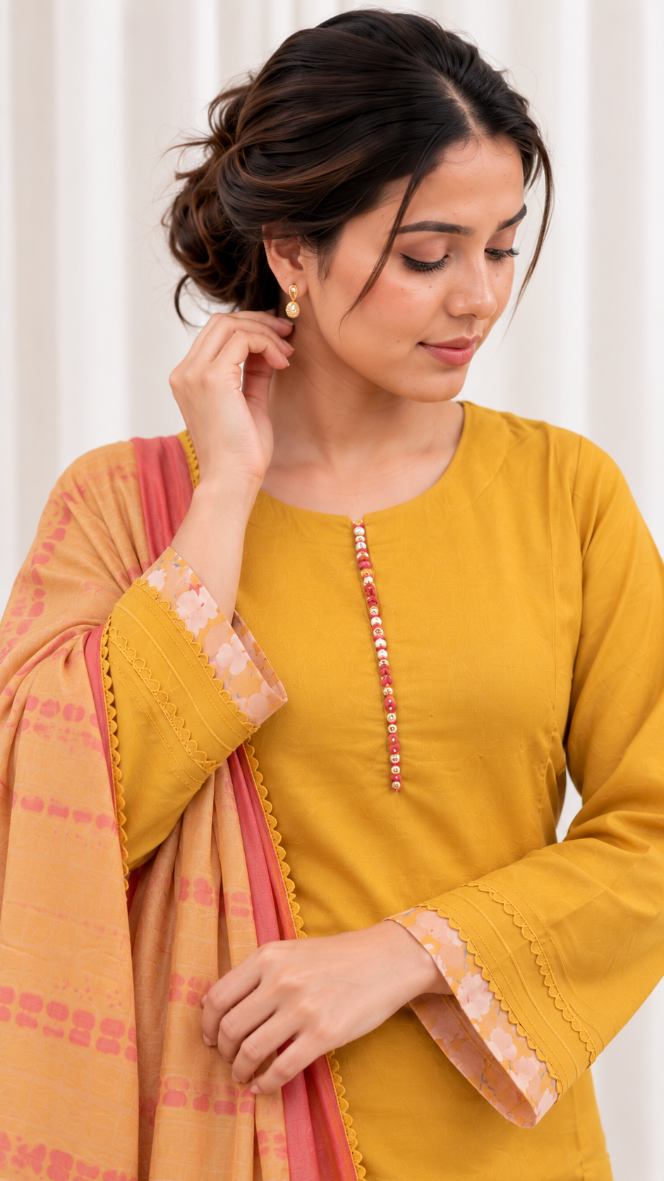 Mustard Yellow Muslin Cotton Straight Suit Set with Floral Salwar & Dual-Tone Muslin Dupatta
