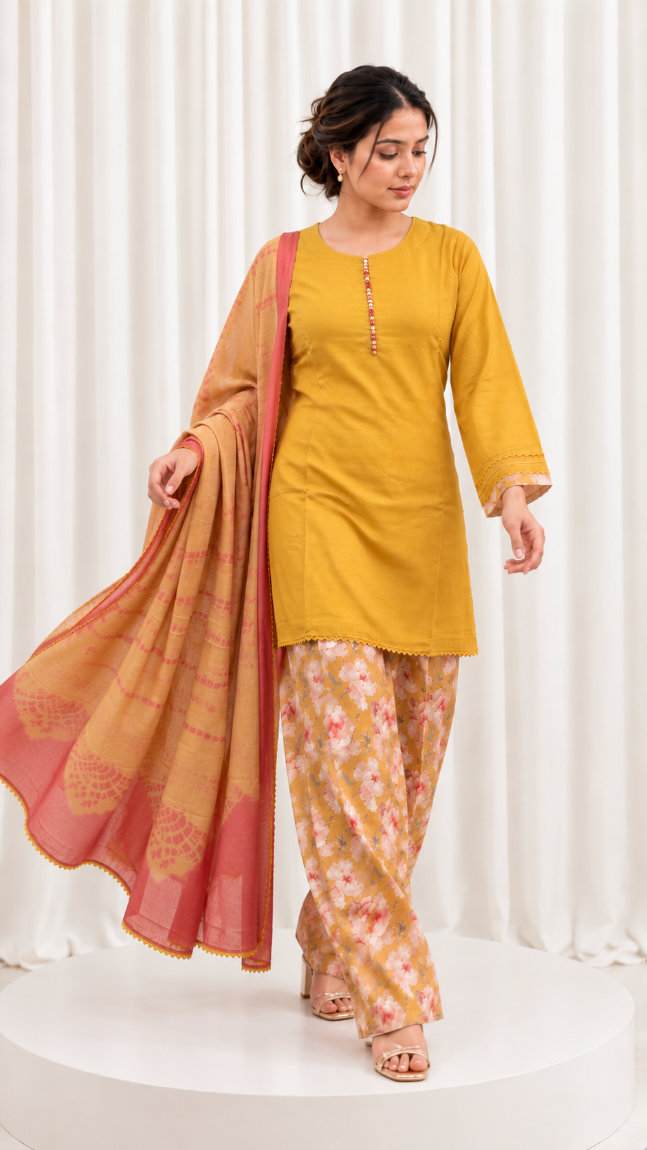 Mustard Yellow Muslin Cotton Straight Suit Set with Floral Salwar & Dual-Tone Muslin Dupatta