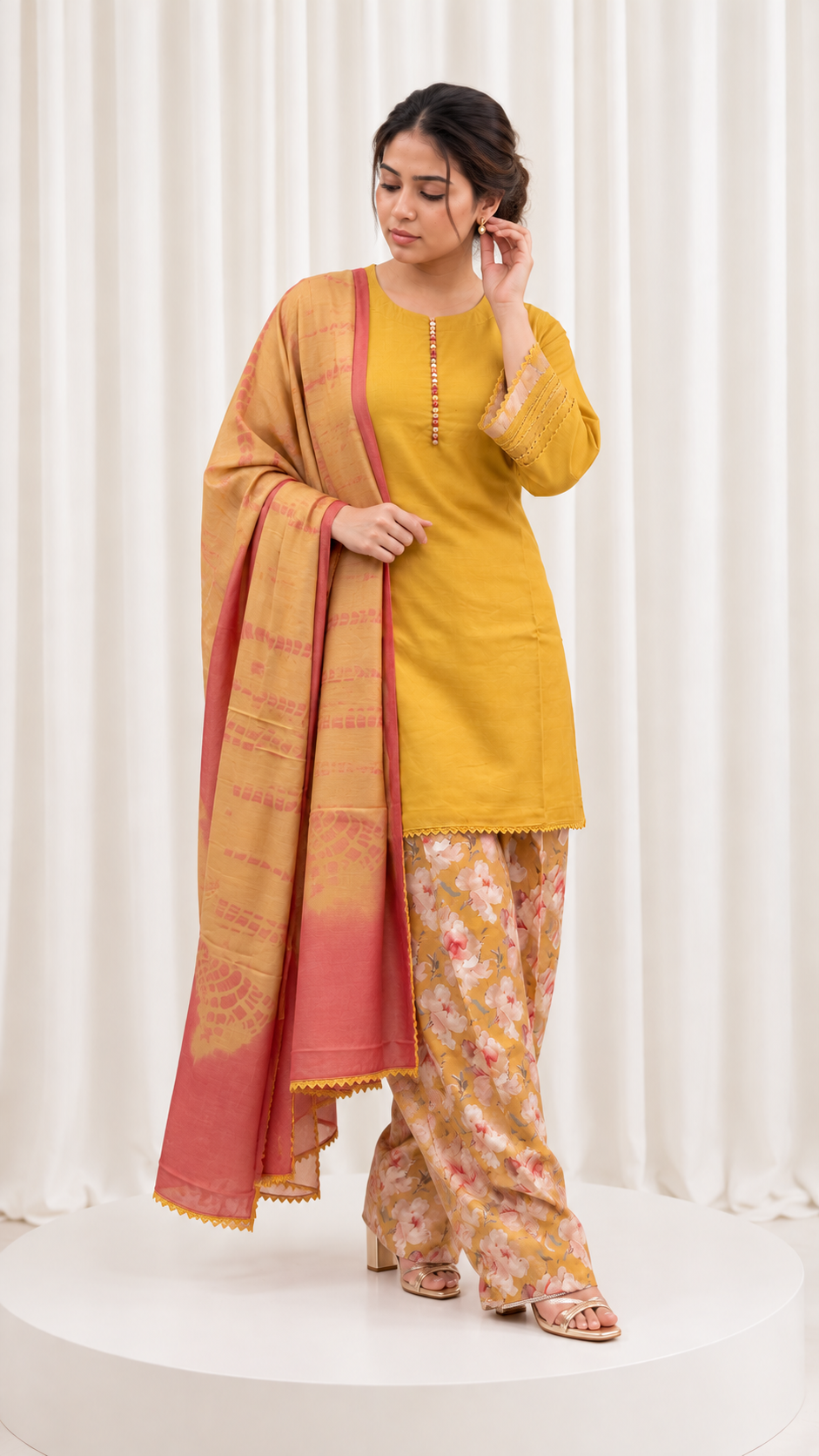 Mustard Yellow Muslin Cotton Straight Suit Set with Floral Salwar & Dual-Tone Muslin Dupatta