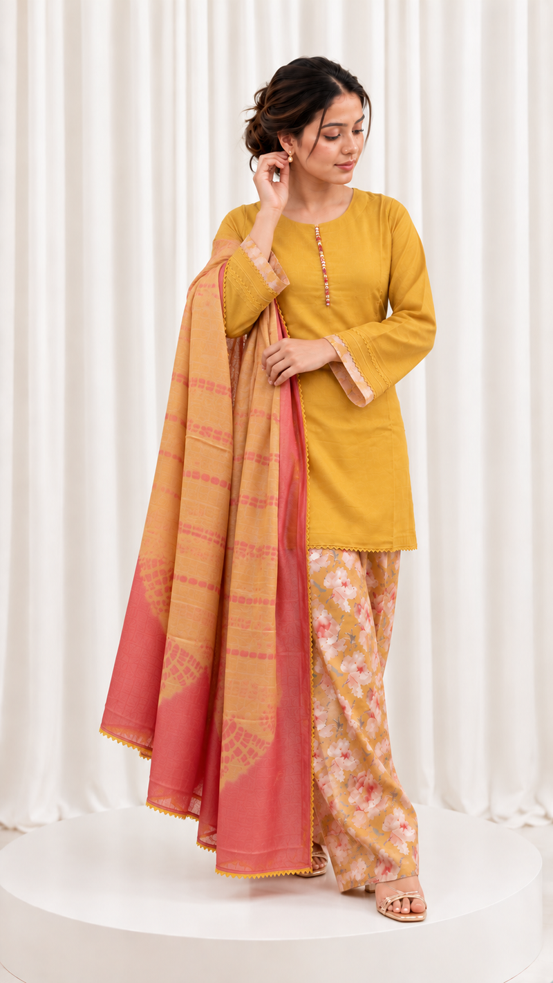 Mustard Yellow Muslin Cotton Straight Suit Set with Floral Salwar & Dual-Tone Muslin Dupatta