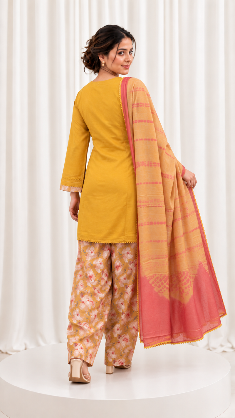 Mustard Yellow Muslin Cotton Straight Suit Set with Floral Salwar & Dual-Tone Muslin Dupatta
