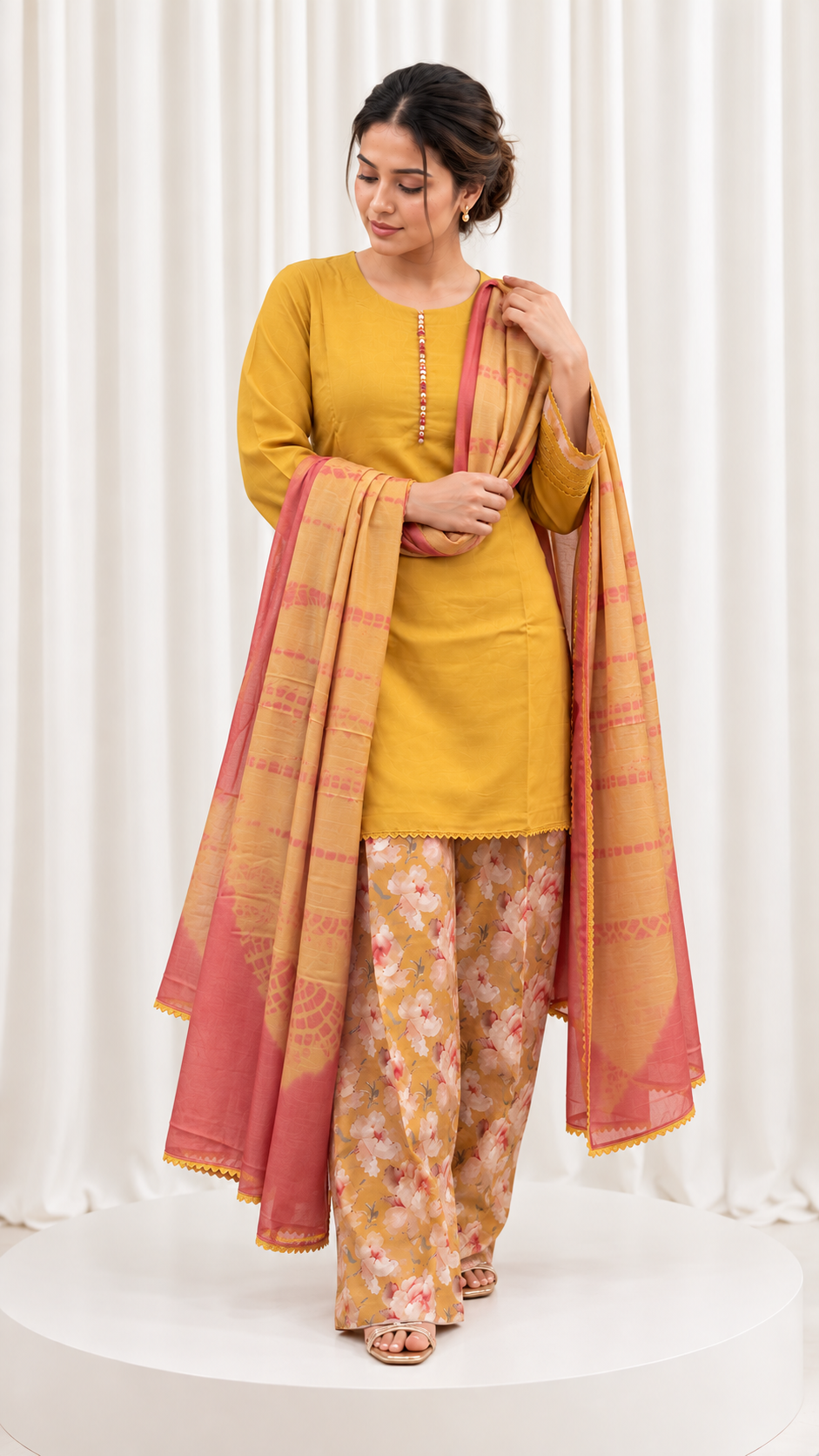 Mustard Yellow Muslin Cotton Straight Suit Set with Floral Salwar & Dual-Tone Muslin Dupatta