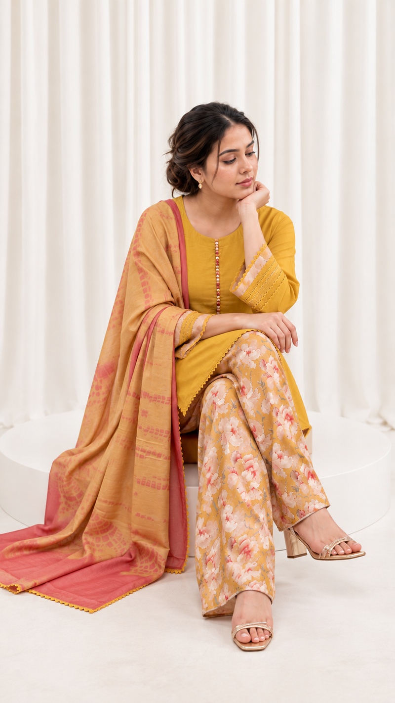Mustard Yellow Muslin Cotton Straight Suit Set with Floral Salwar & Dual-Tone Muslin Dupatta