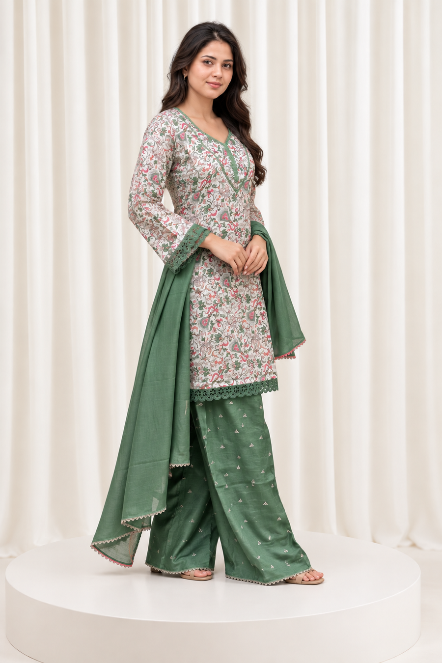 Green & White Cotton Silk Straight Salwar Suit