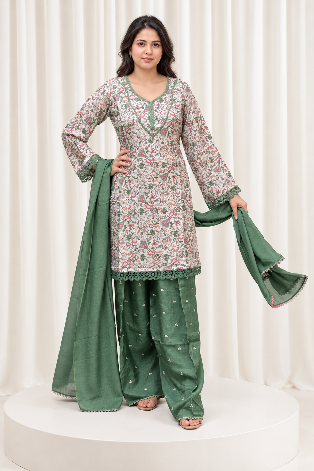 Green & White Cotton Silk Straight Salwar Suit