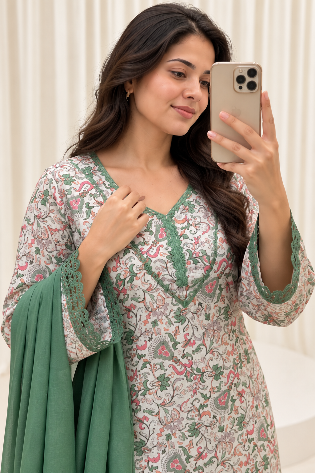Green & White Cotton Silk Straight Salwar Suit