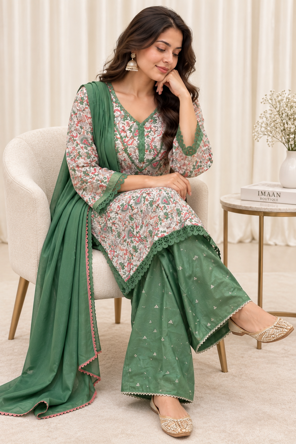 Green & White Cotton Silk Straight Salwar Suit