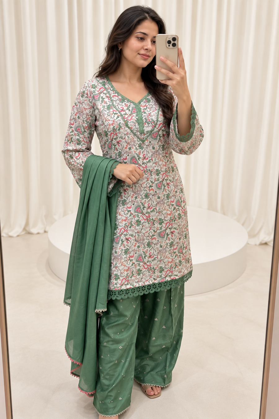 Green & White Cotton Silk Straight Salwar Suit
