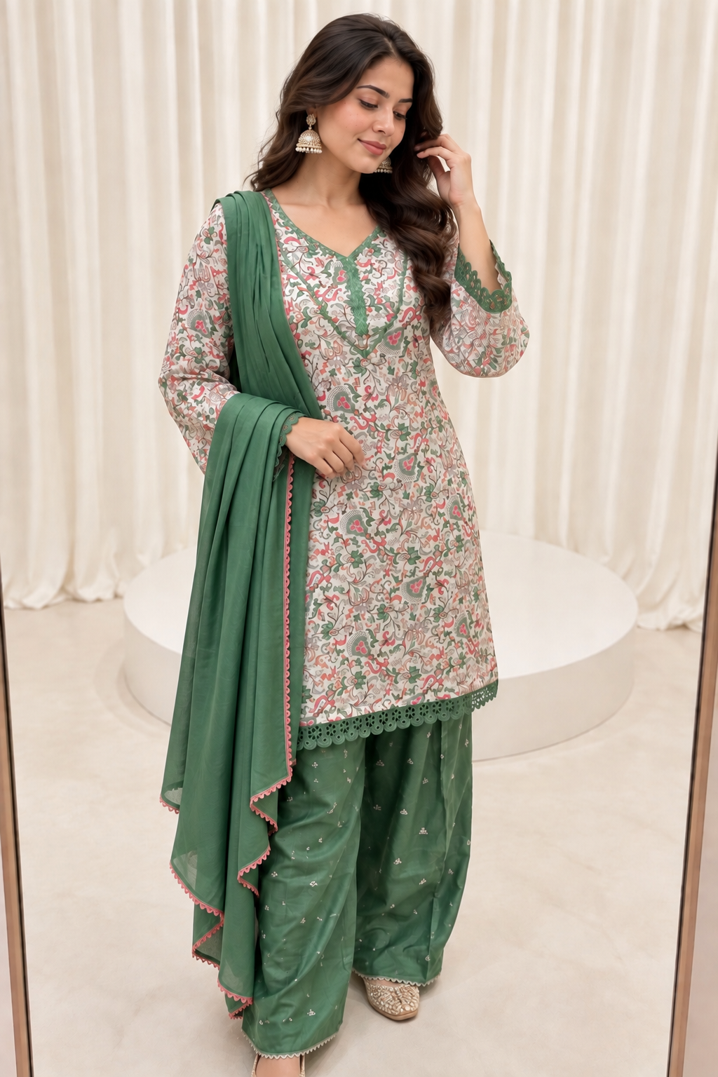 Green & White Cotton Silk Straight Salwar Suit