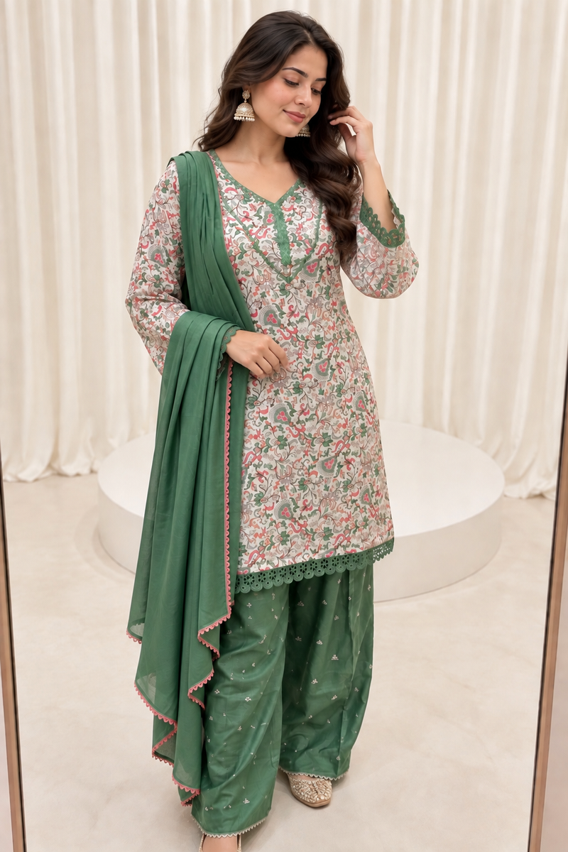 Green & White Cotton Silk Straight Salwar Suit