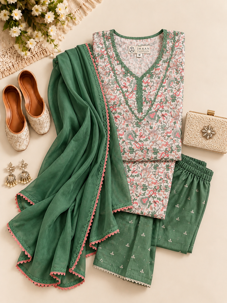 Green & White Cotton Silk Straight Salwar Suit