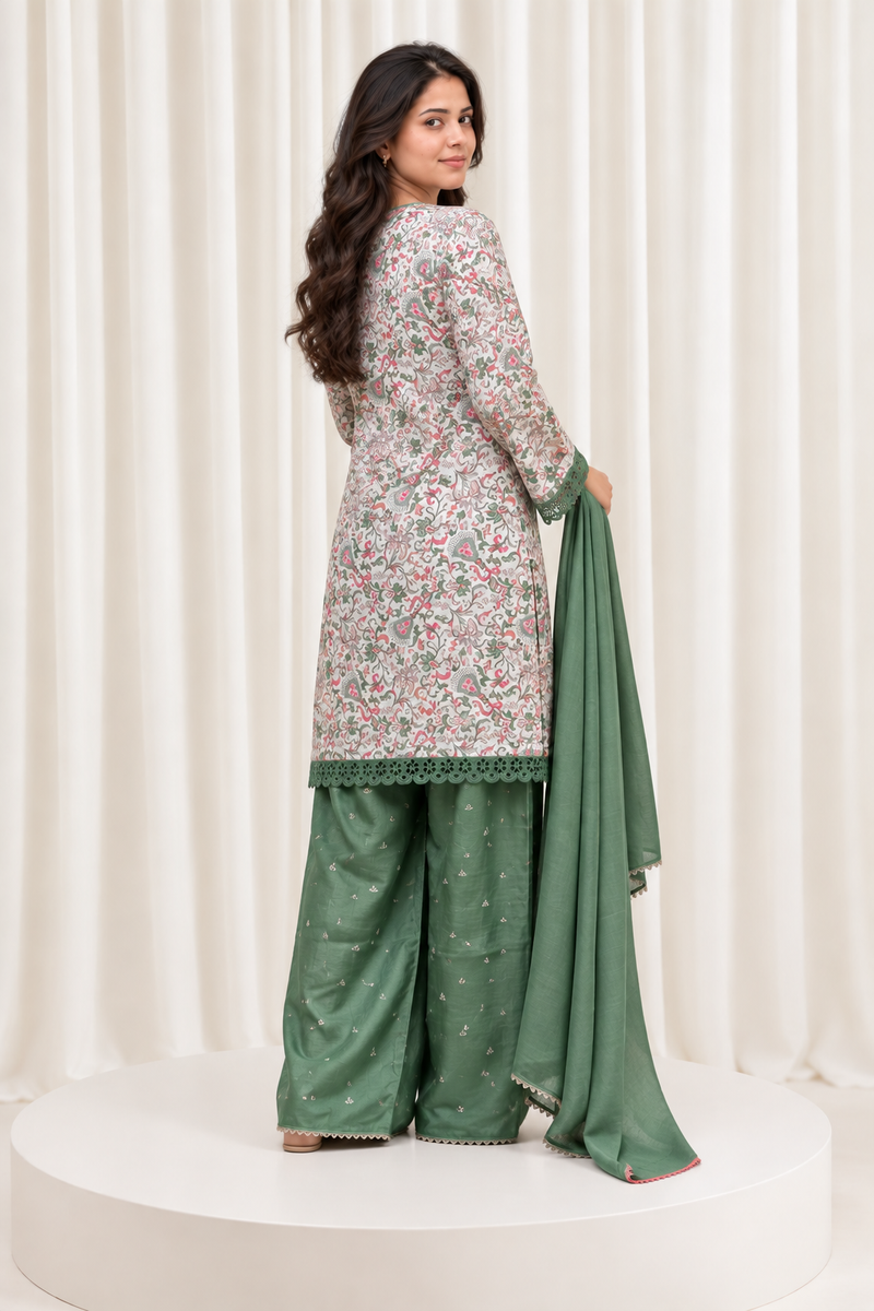 Green & White Cotton Silk Straight Salwar Suit