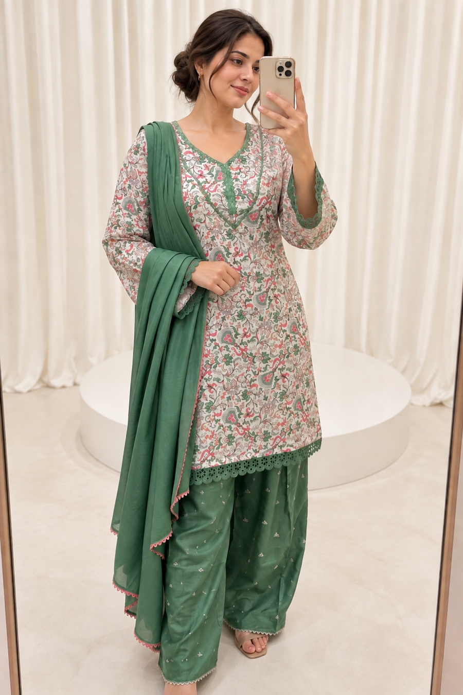 Green & White Cotton Silk Straight Salwar Suit