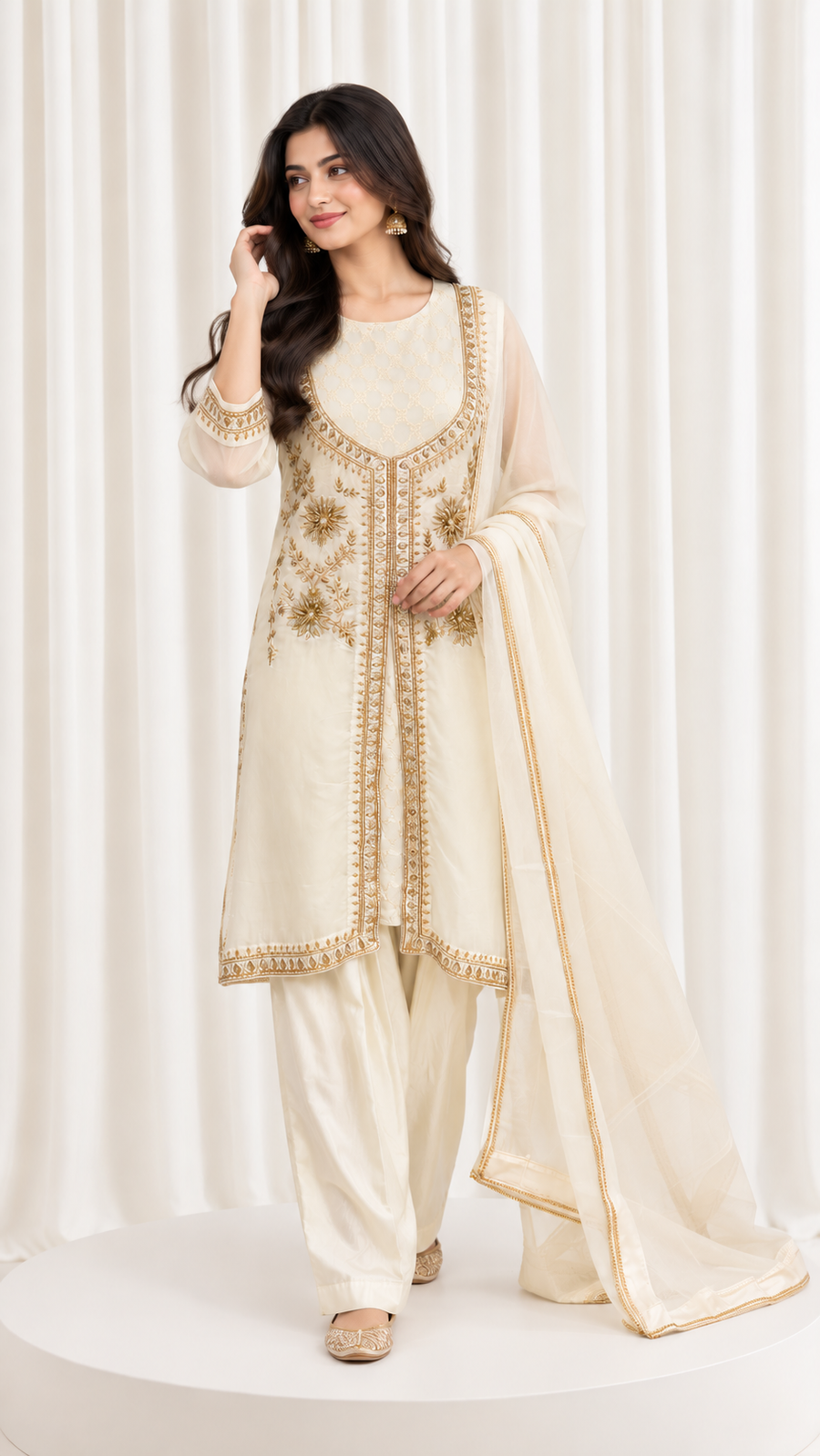 Ivory Hand Embroidered Natural Crepe Suit
