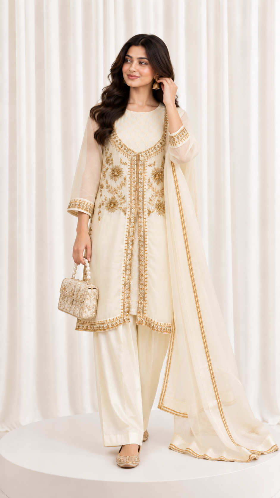 Ivory Hand Embroidered Natural Crepe Suit