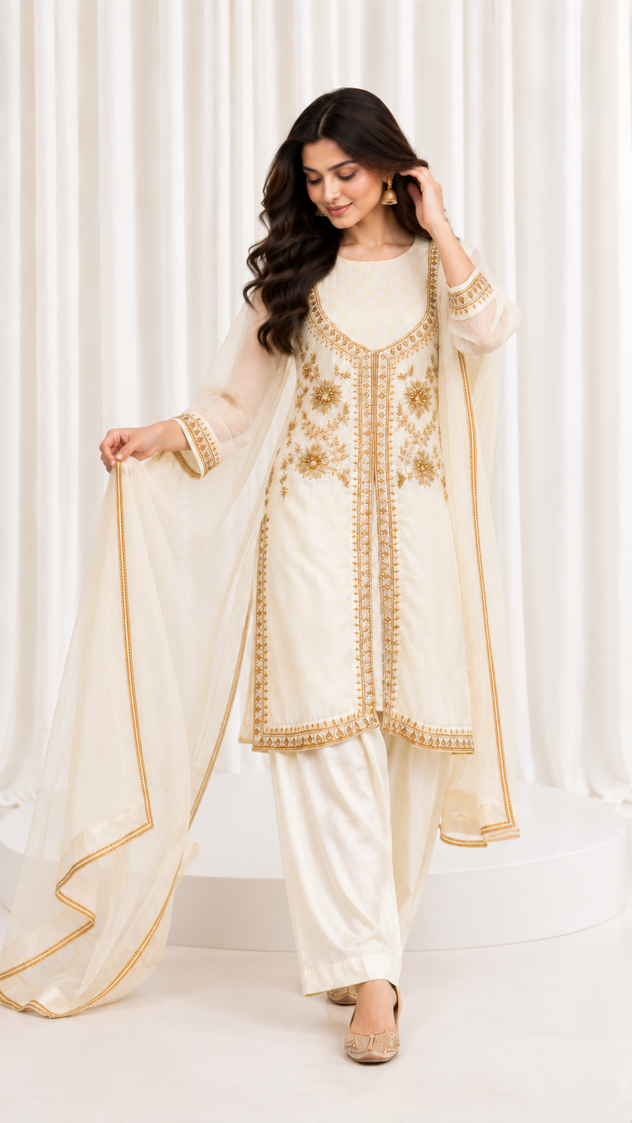 Ivory Hand Embroidered Natural Crepe Suit