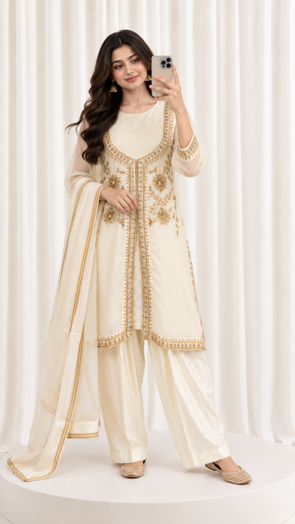 Ivory Hand Embroidered Natural Crepe Suit