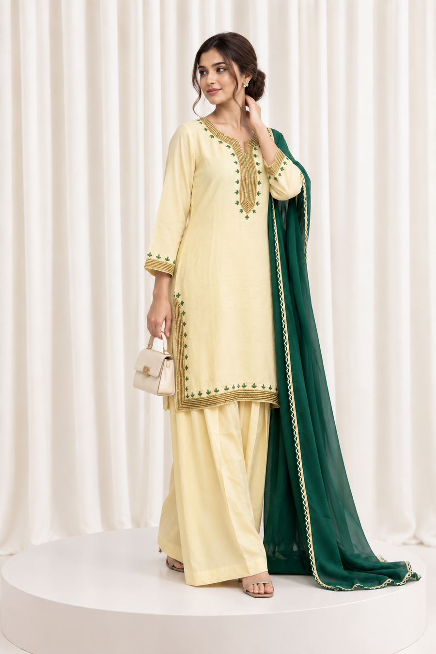 Ivory & Green Hand Embroidered Straight Salwar Suit