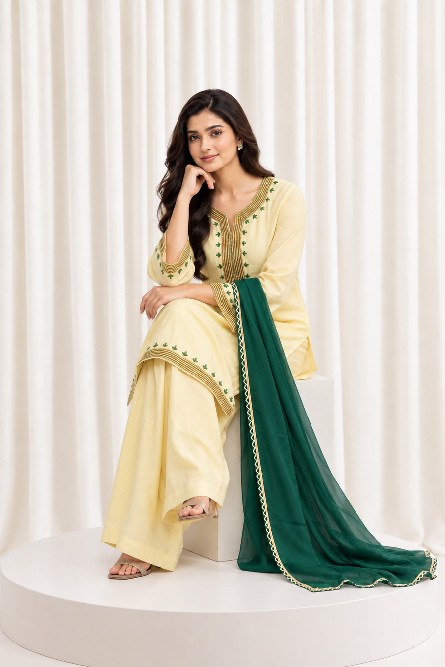 Ivory & Green Hand Embroidered Straight Salwar Suit
