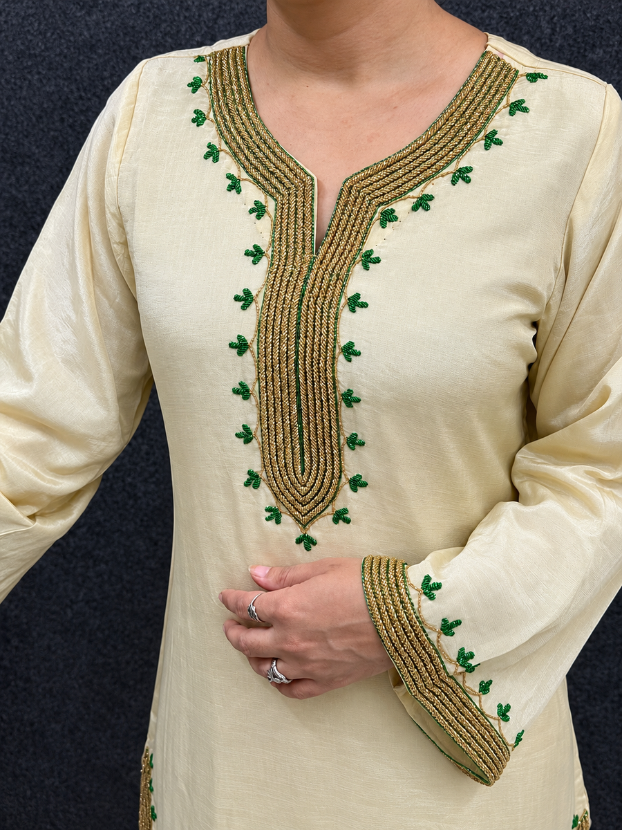 Ivory & Green Hand Embroidered Straight Salwar Suit