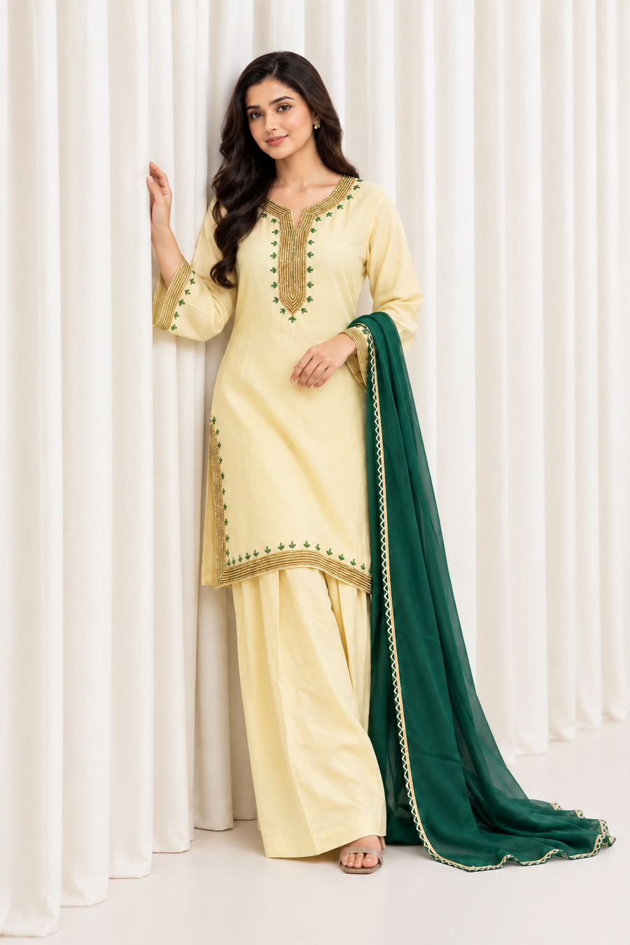 Ivory & Green Hand Embroidered Straight Salwar Suit