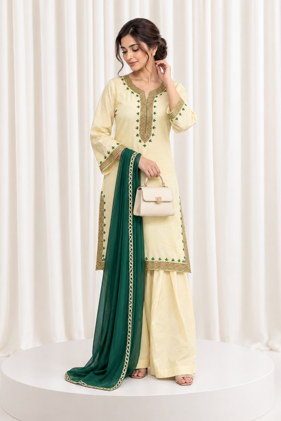 Ivory & Green Hand Embroidered Straight Salwar Suit