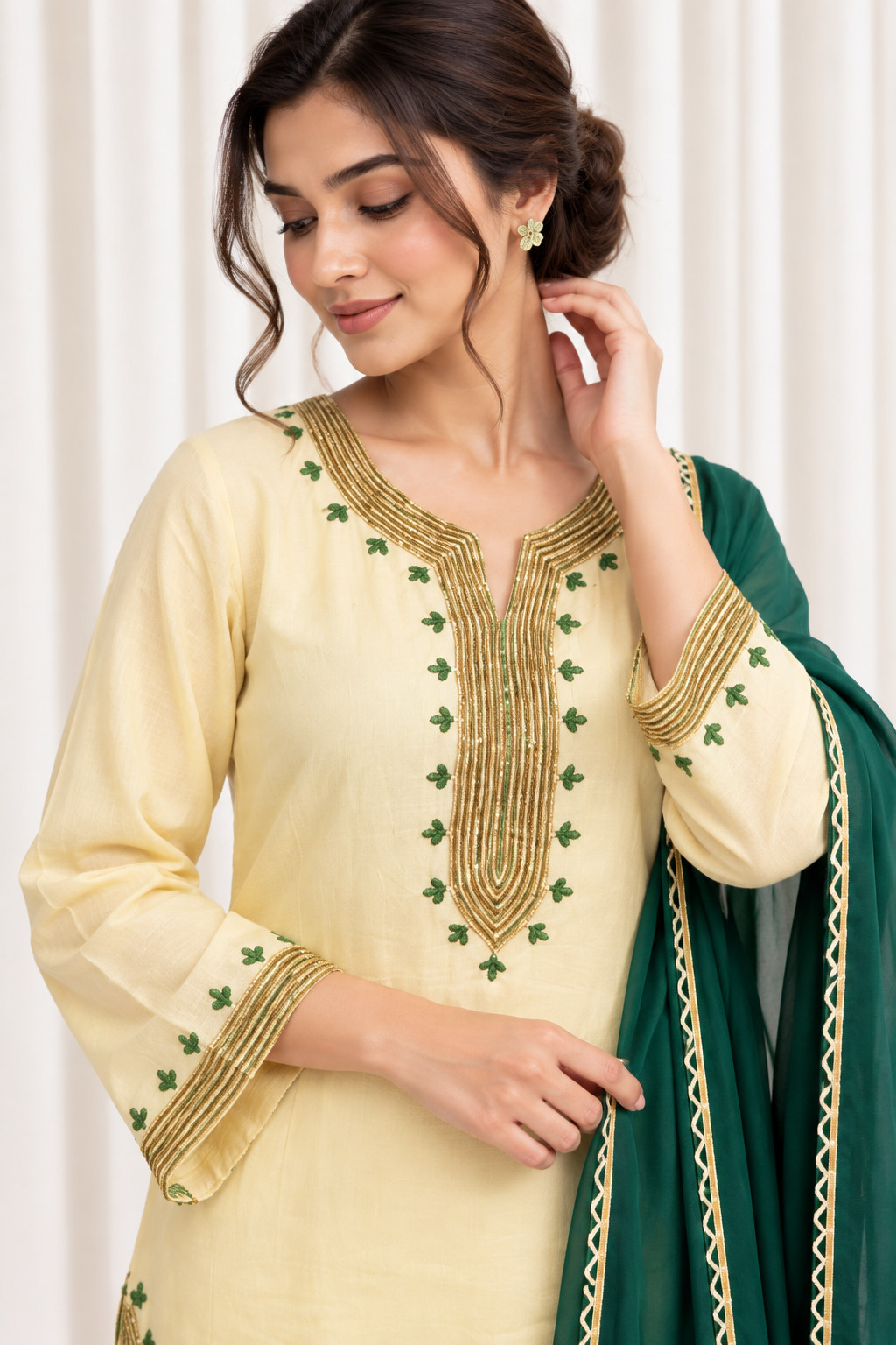 Ivory & Green Hand Embroidered Straight Salwar Suit