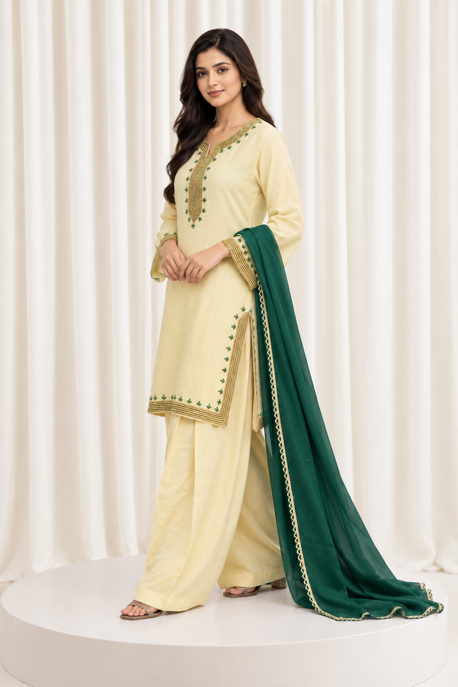 Ivory & Green Hand Embroidered Straight Salwar Suit