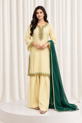 Ivory & Green Hand Embroidered Straight Salwar Suit