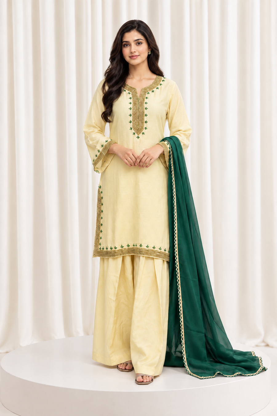 Ivory & Green Hand Embroidered Straight Salwar Suit