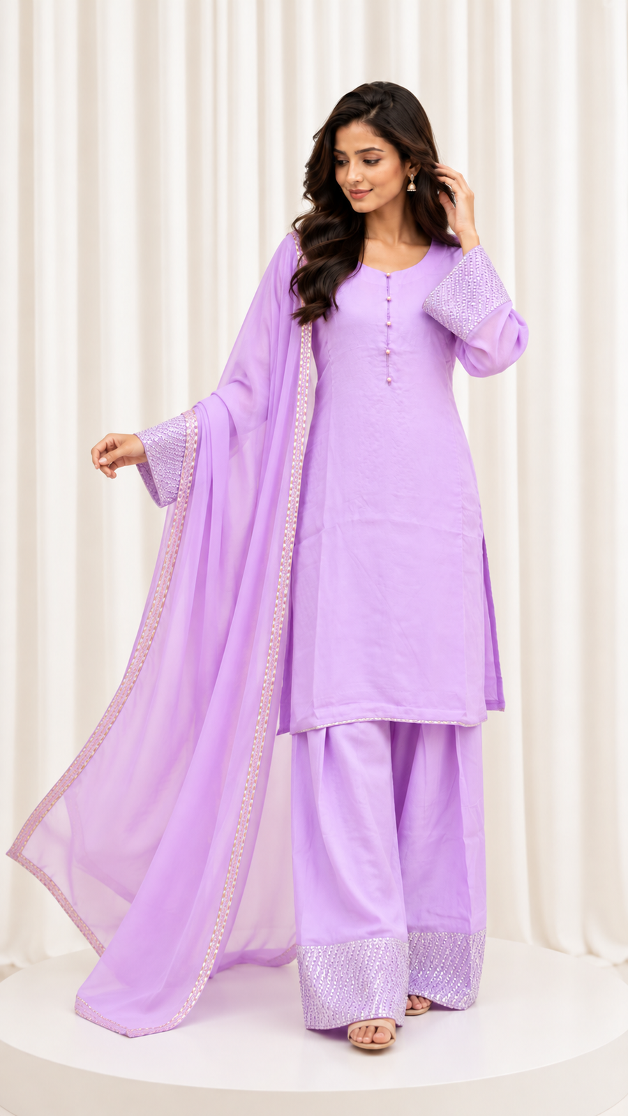 Lavender Handwork Farsi Salwar Suit with Organza Dupatta
