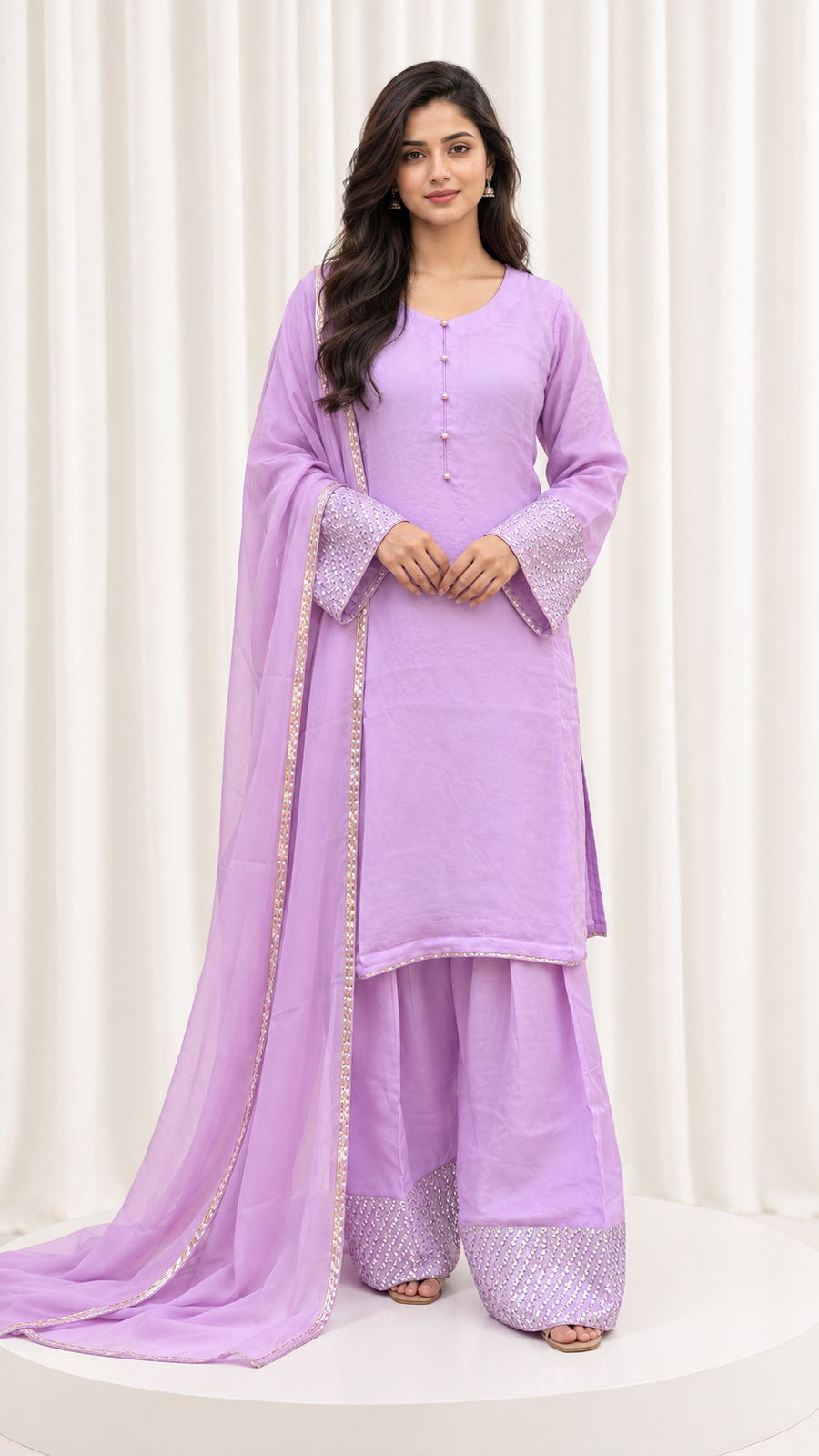 Lavender Handwork Farsi Salwar Suit with Organza Dupatta