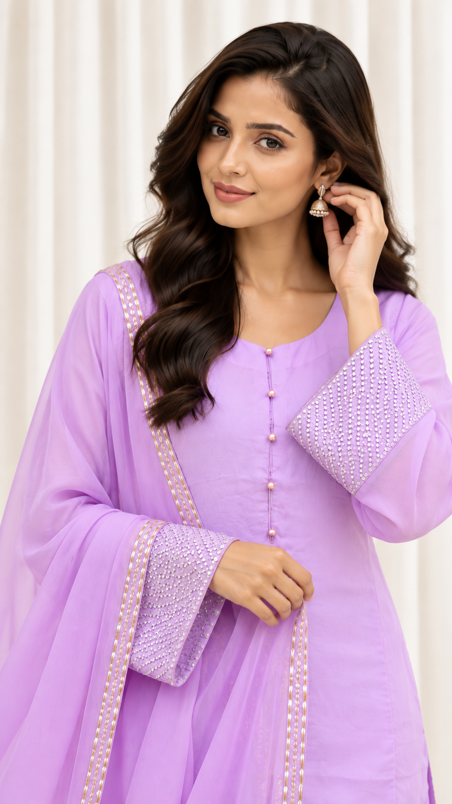 Lavender Handwork Farsi Salwar Suit with Organza Dupatta