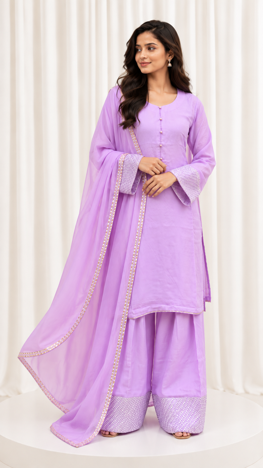 Lavender Handwork Farsi Salwar Suit with Organza Dupatta