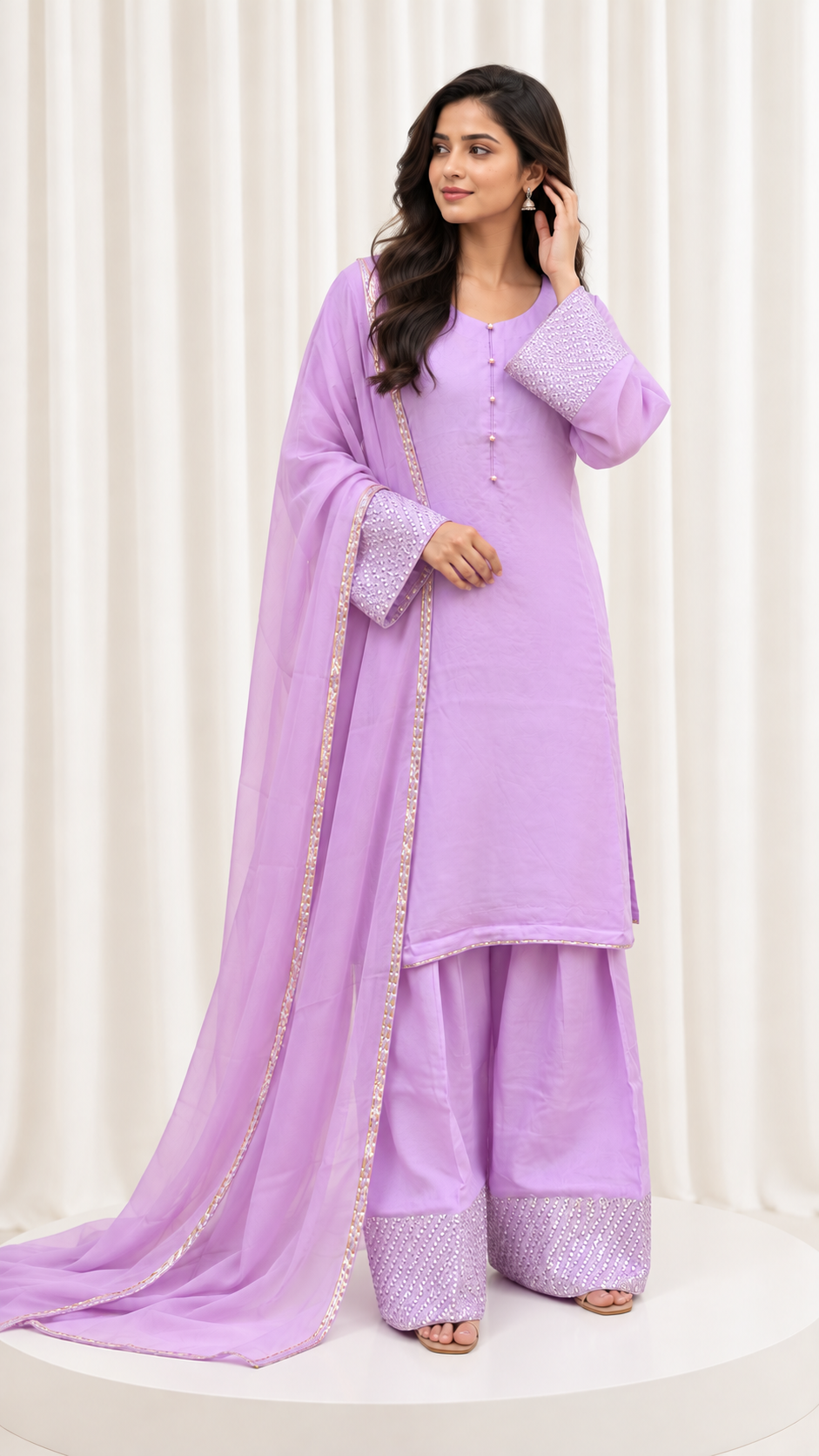 Lavender Handwork Farsi Salwar Suit with Organza Dupatta