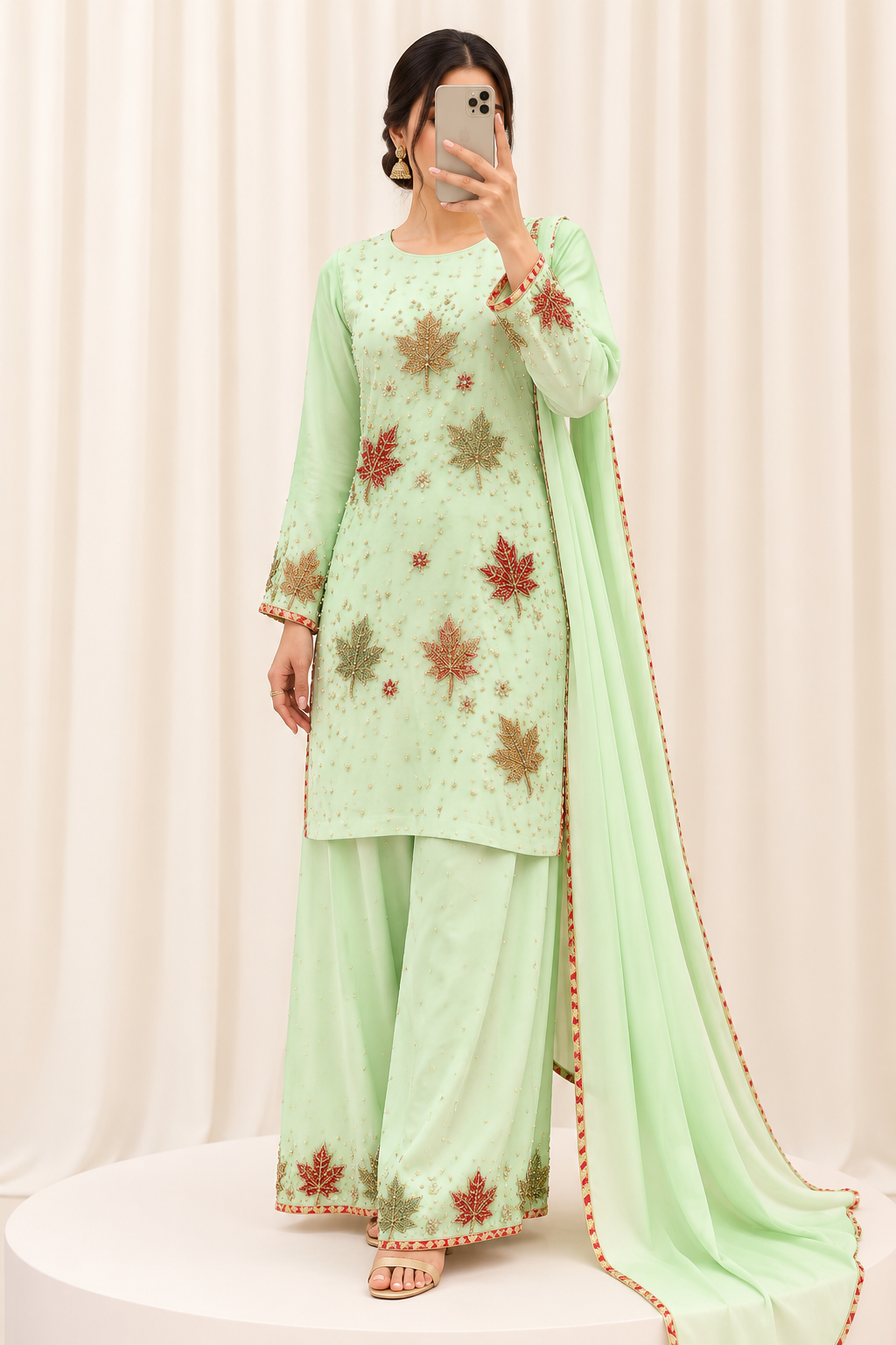 Mint Green Chinar Handwork Straight Salwar Suit with Organza Dupatta