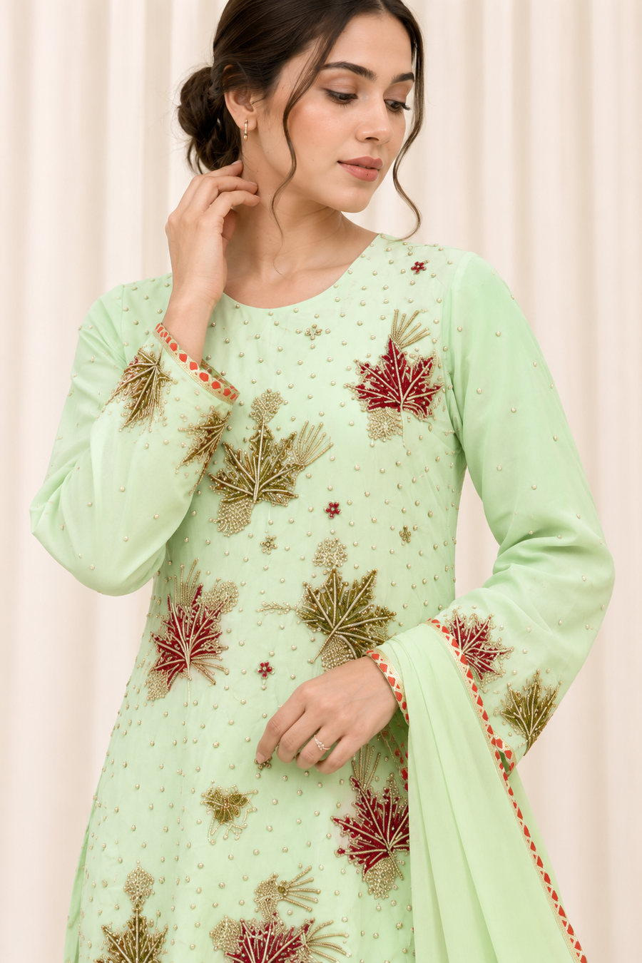 Mint Green Chinar Handwork Straight Salwar Suit with Organza Dupatta