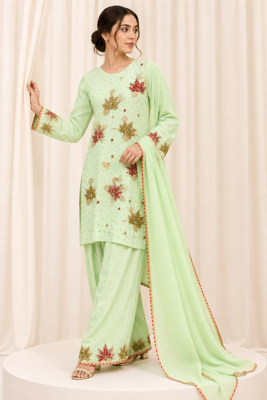 Mint Green Chinar Handwork Straight Salwar Suit with Organza Dupatta
