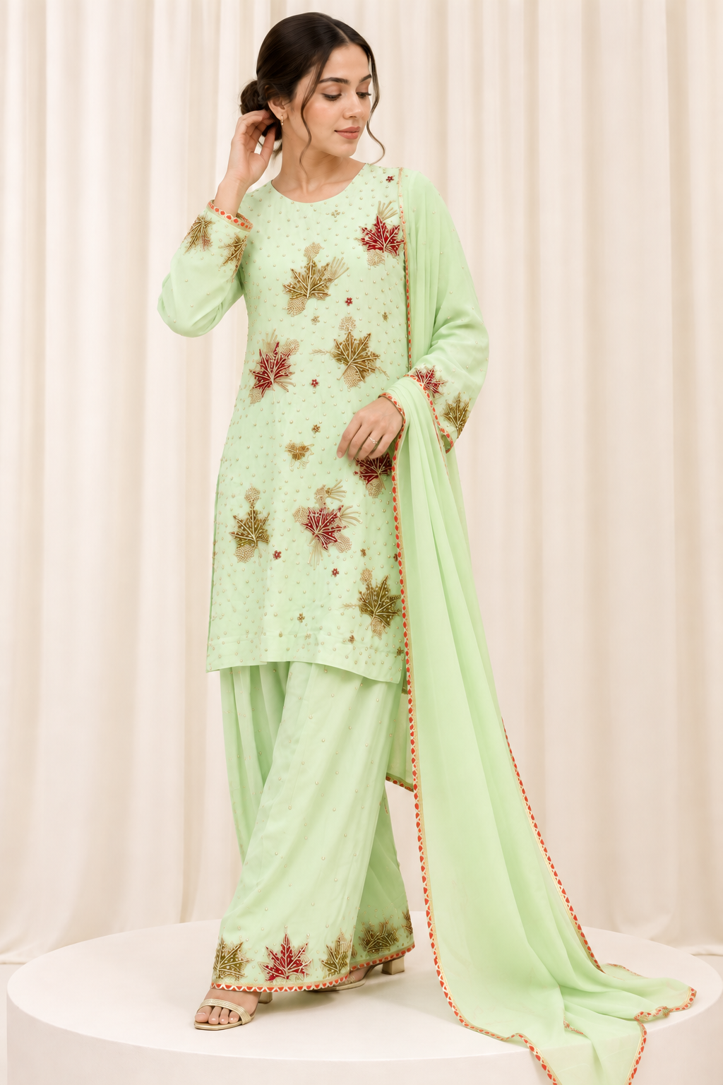 Mint Green Chinar Handwork Straight Salwar Suit with Organza Dupatta