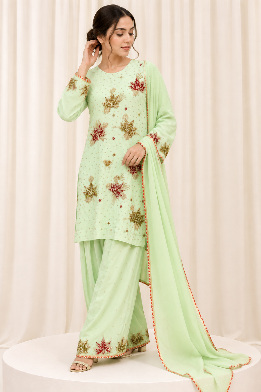 Mint Green Chinar Handwork Straight Salwar Suit with Organza Dupatta