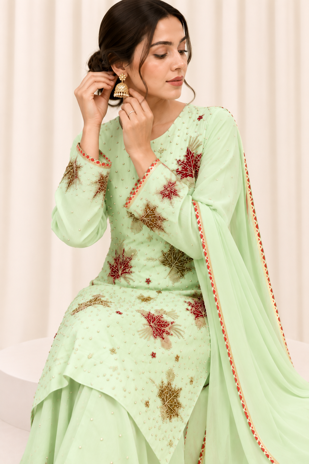 Mint Green Chinar Handwork Straight Salwar Suit with Organza Dupatta