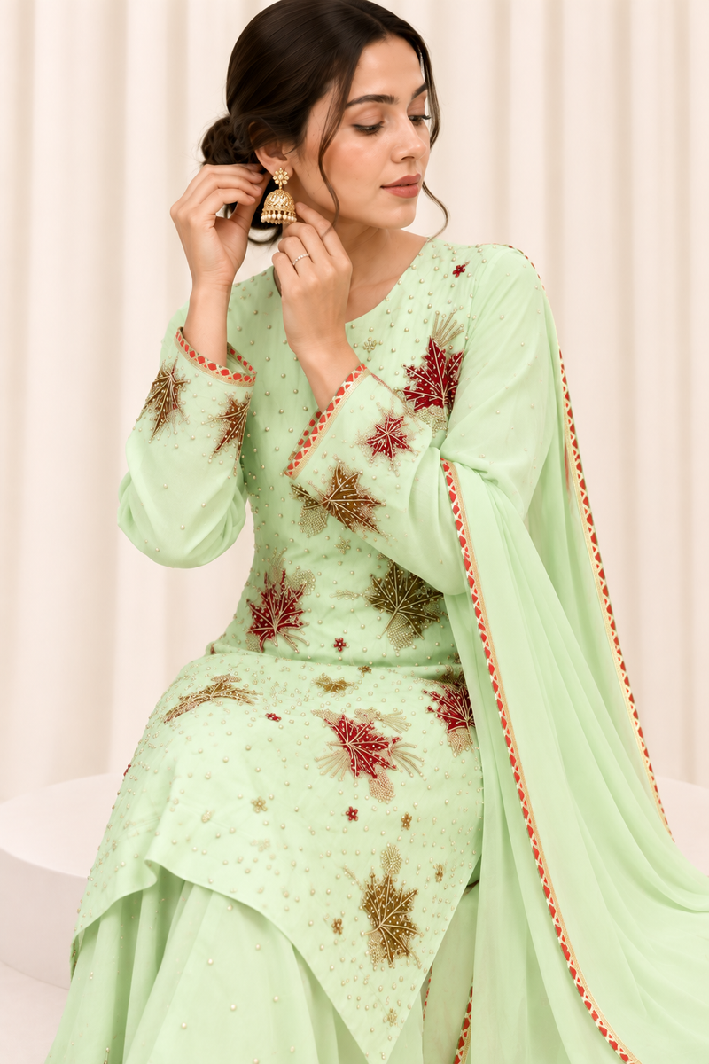 Mint Green Chinar Handwork Straight Salwar Suit with Organza Dupatta