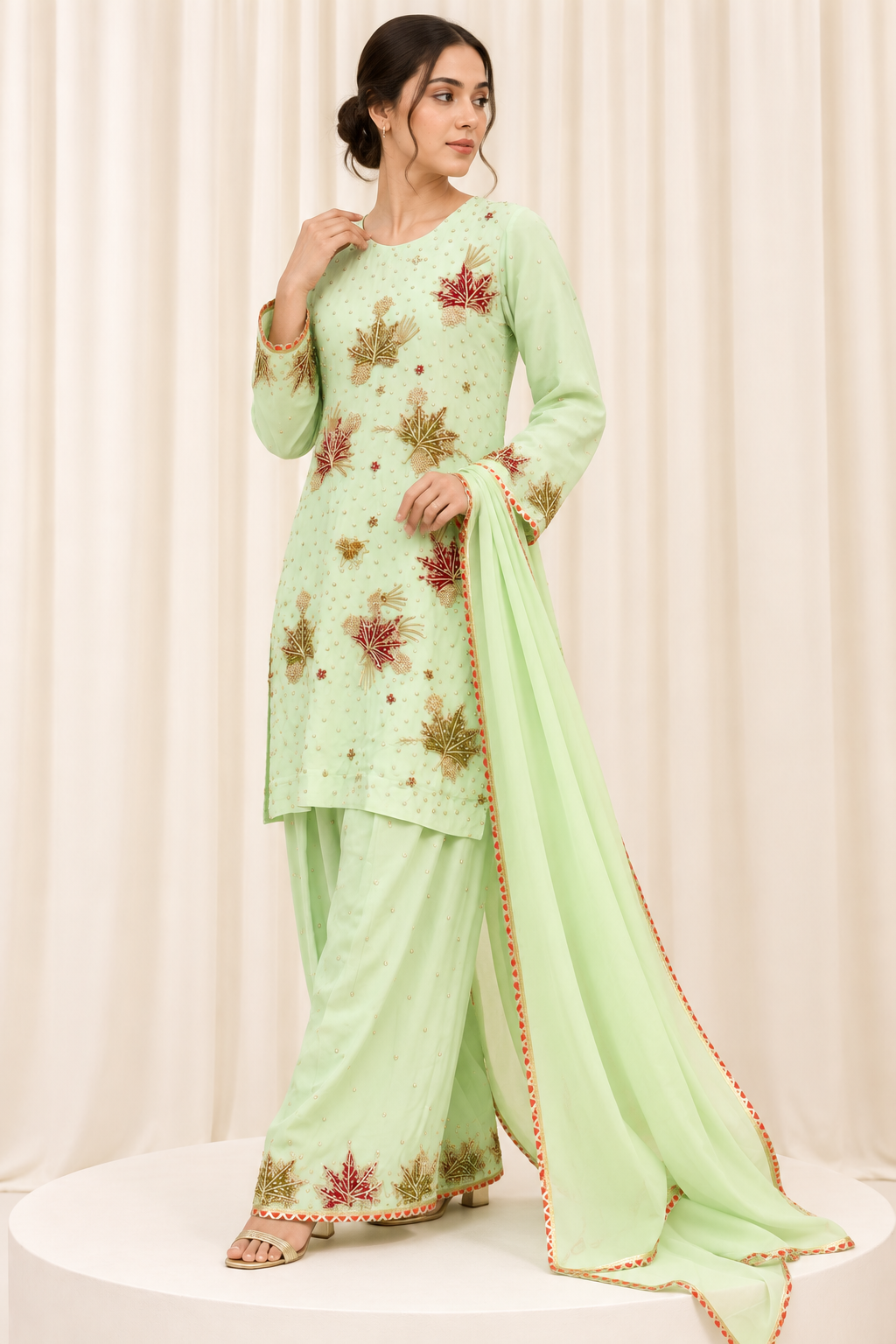 Mint Green Chinar Handwork Straight Salwar Suit with Organza Dupatta