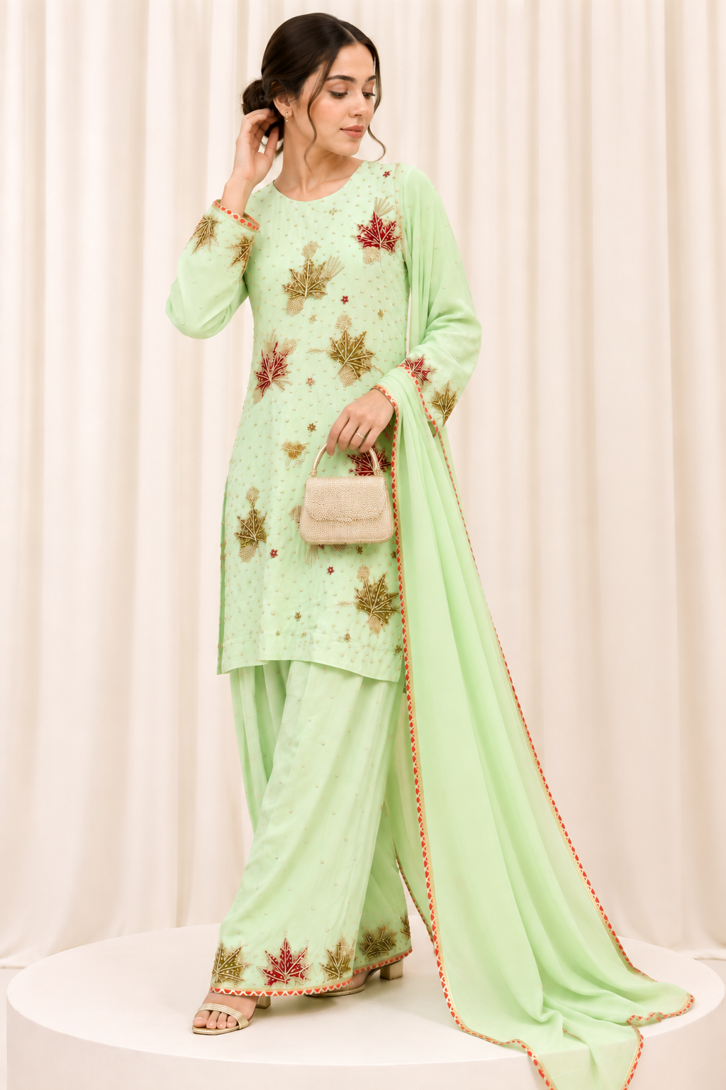 Mint Green Chinar Handwork Straight Salwar Suit with Organza Dupatta