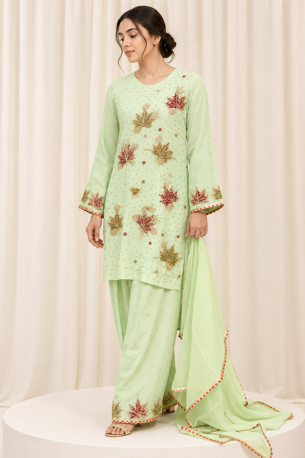 Mint Green Chinar Handwork Straight Salwar Suit with Organza Dupatta