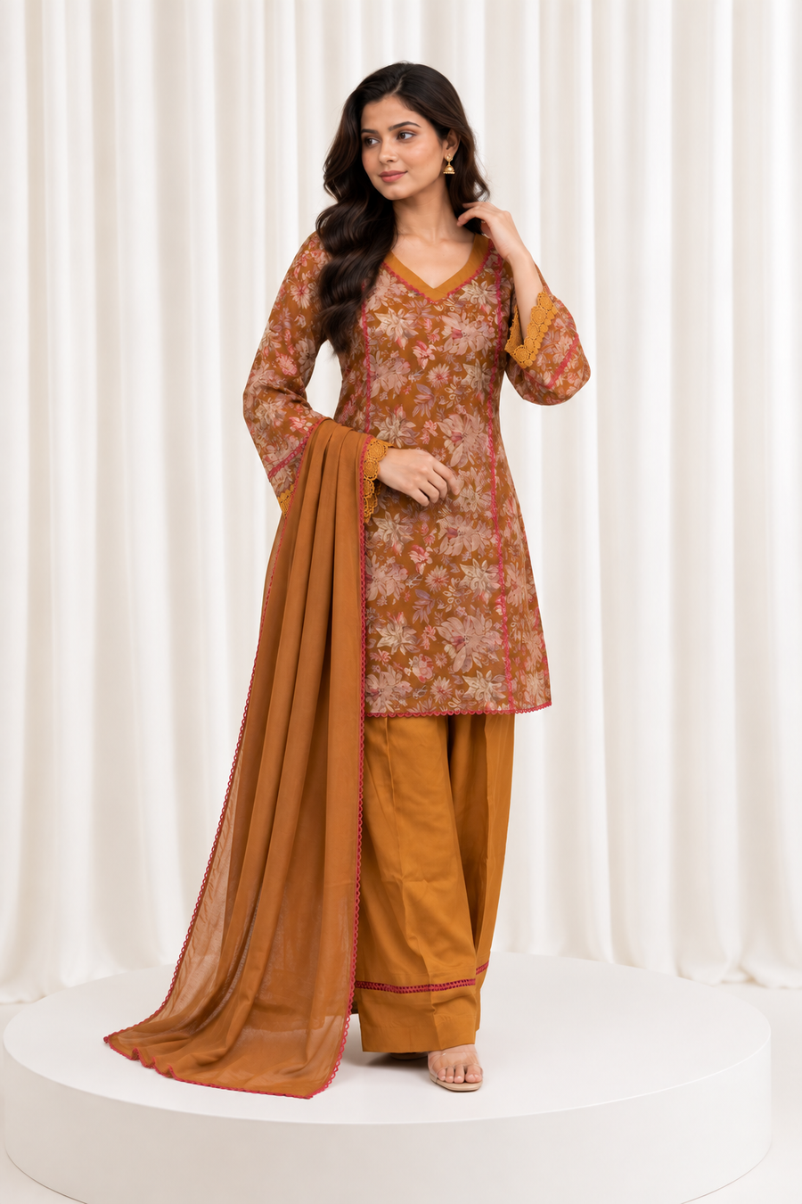 Mustard Floral Printed Straight Salwar Suit