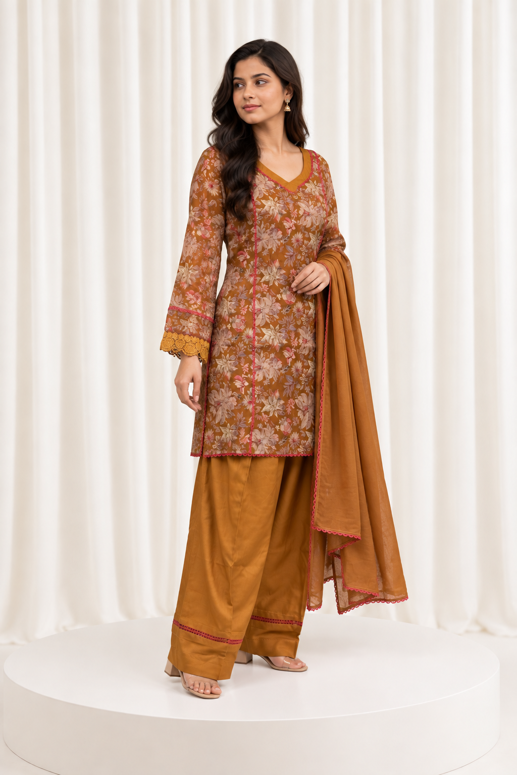 Mustard Floral Printed Straight Salwar Suit