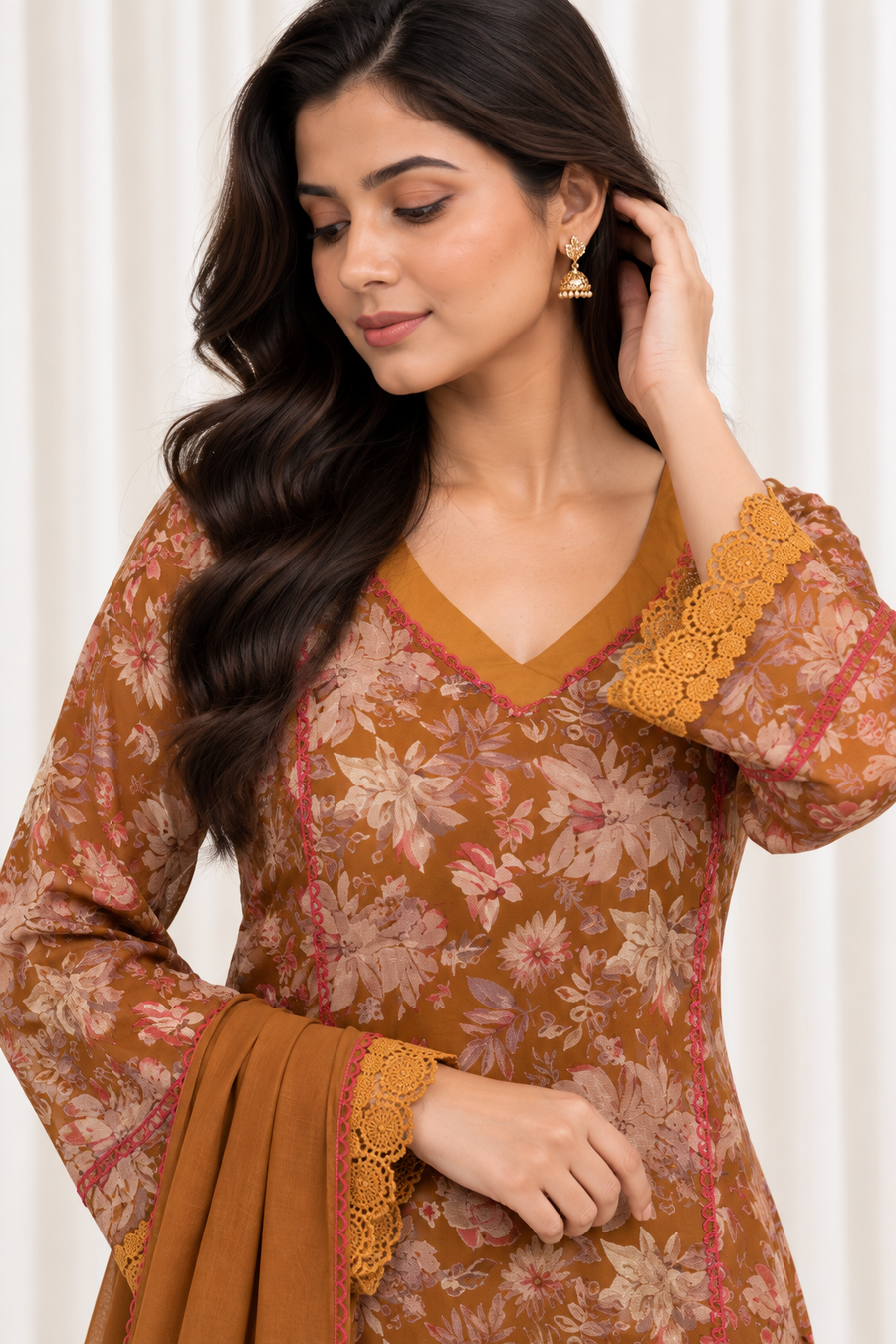 Mustard Floral Printed Straight Salwar Suit