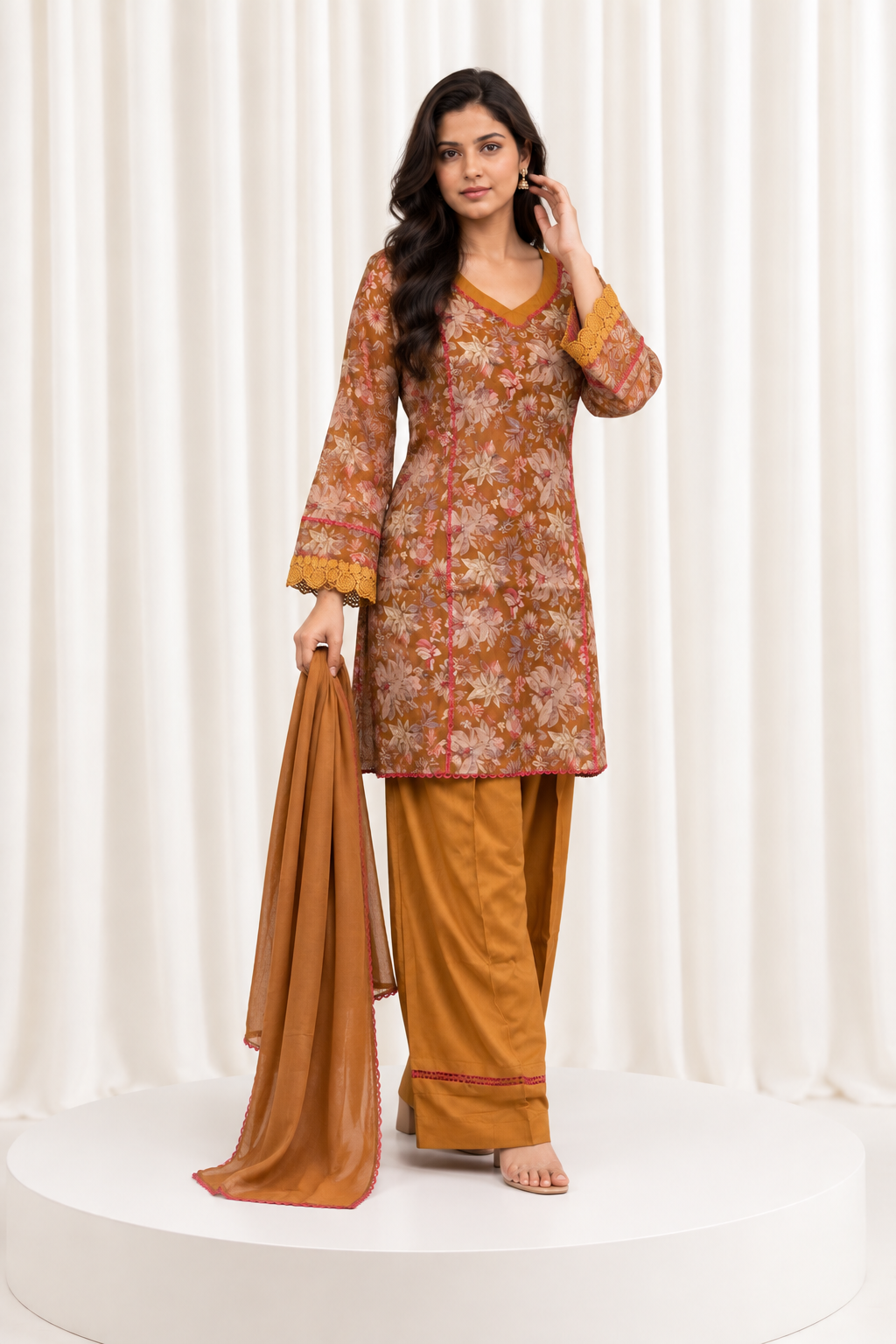 Mustard Floral Printed Straight Salwar Suit