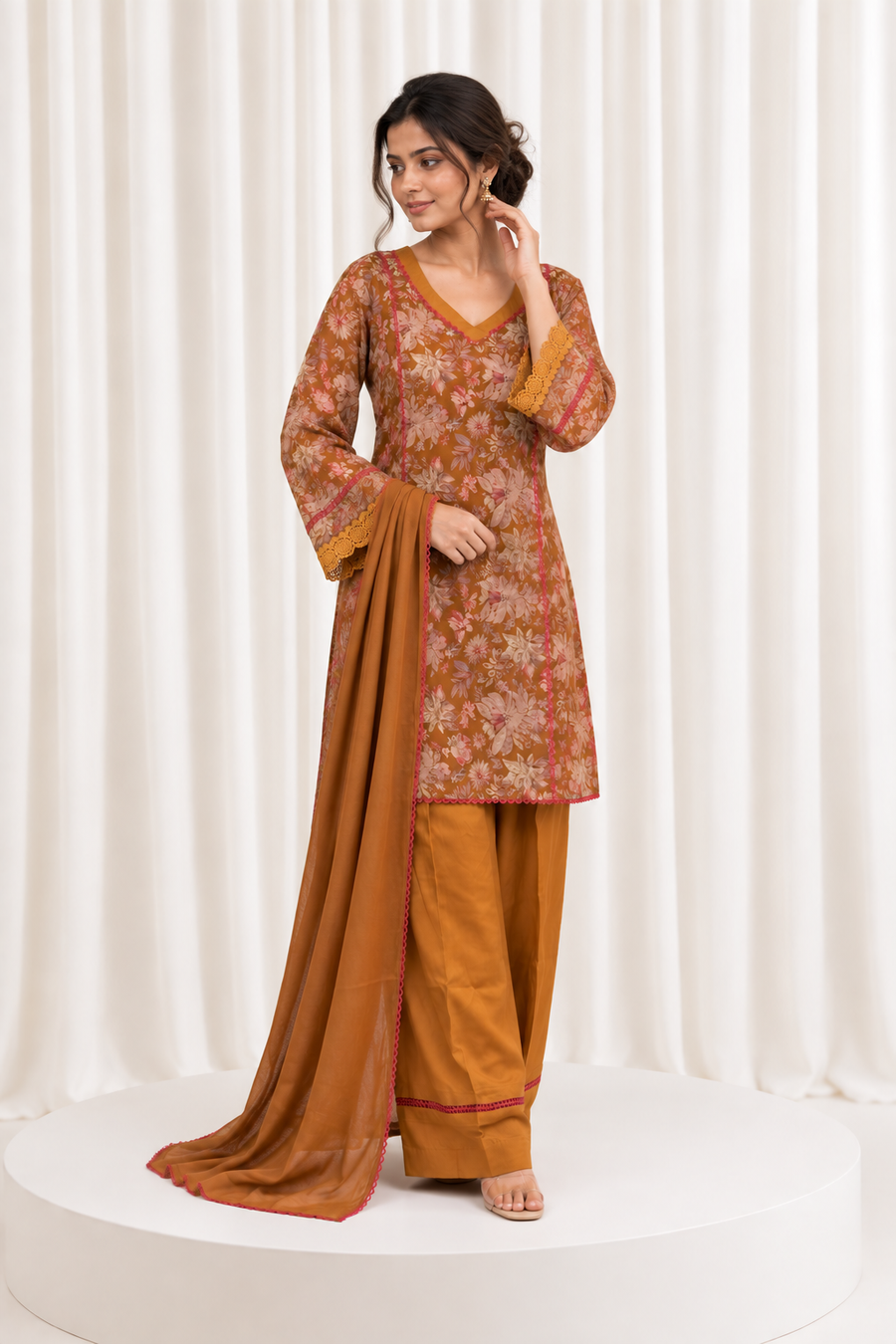 Mustard Floral Printed Straight Salwar Suit